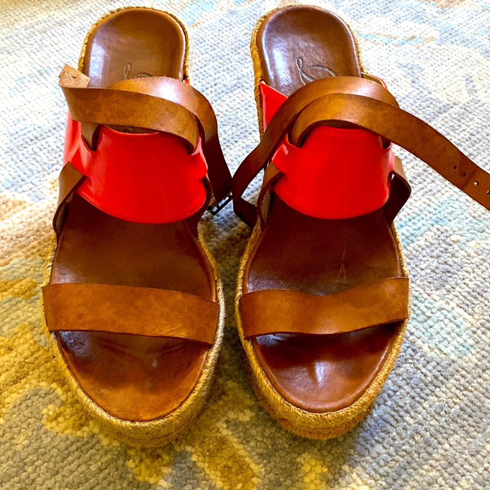 Delman wedges. Orange strap, woven platform. Extremely comfortable. Size 6.5 - Picture 2 of 4